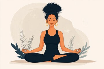 Vector illustration of a woman meditating with plants surrounding her symbolizing relaxation mindfulness and a connection to nature in a peaceful minimal design