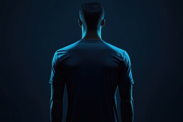 Poster - A person wearing a blue shirt stands in front of a dark or black background, perfect for use in presentations, social media posts, and more