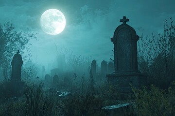 A spooky graveyard under a full moon, with eerie mist floating above the tombstones. Dark, haunting atmosphere perfect for Halloween or horror themes. blur background with generative ai