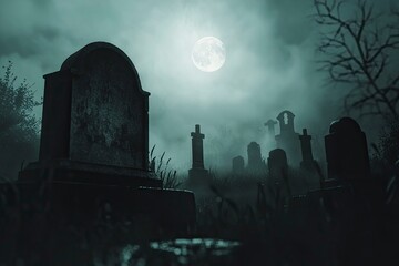 A spooky graveyard under a full moon, with eerie mist floating above the tombstones. Dark, haunting atmosphere perfect for Halloween or horror themes. blur background with generative ai