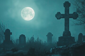 A spooky graveyard under a full moon, with eerie mist floating above the tombstones. Dark, haunting atmosphere perfect for Halloween or horror themes. blur background with generative ai