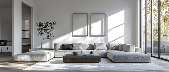 A modern living room with a large sectional sofa and two framed prints on the wall. The room is bathed in natural light from the large windows.