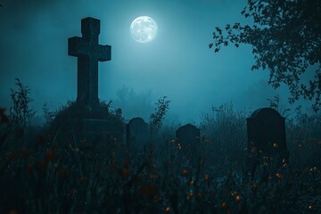 A spooky graveyard under a full moon, with eerie mist floating above the tombstones. Dark, haunting atmosphere perfect for Halloween or horror themes. blur background with generative ai