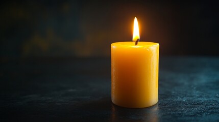 A candle is lit and is sitting on a dark surface