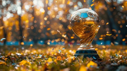 A shiny gold soccer ball trophy sits on a grass field with yellow leaves, surrounded by golden confetti, depicting a celebratory and visually pleasing scene.