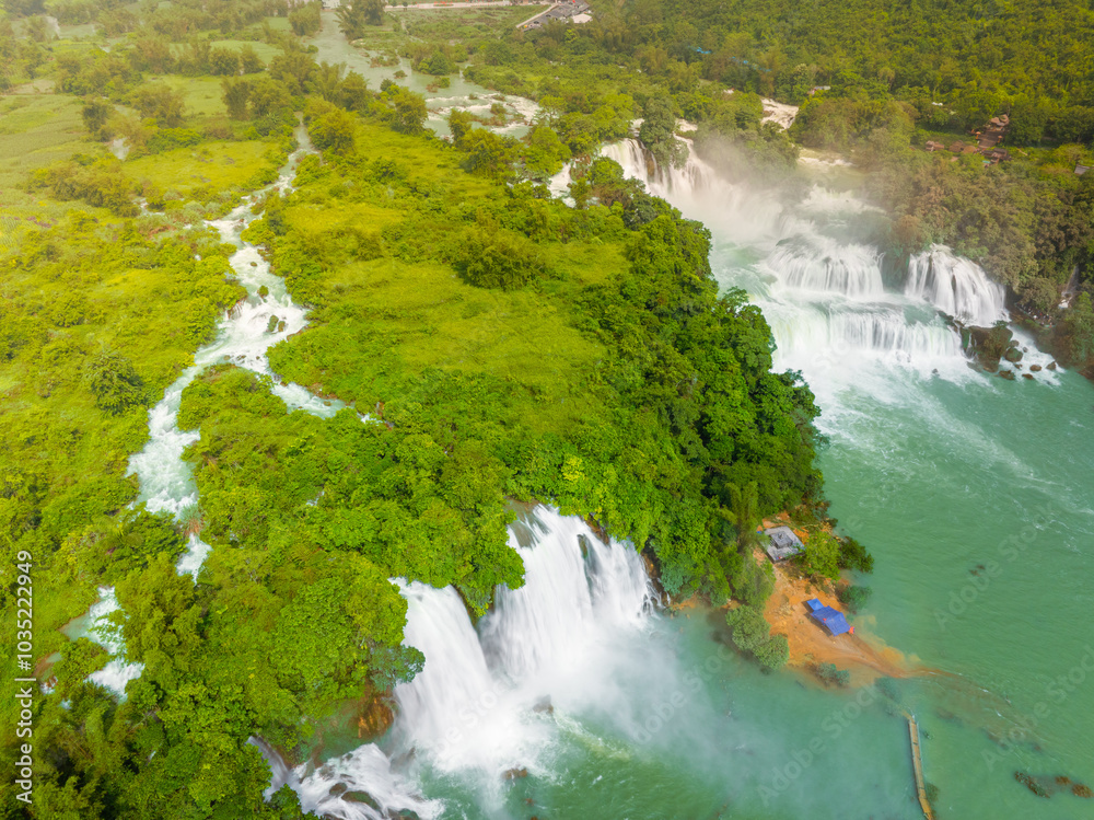 Aerial view of Ban Gioc Detian waterfall in Vietnam China border. The ...