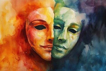 A painting of two colorful masks, possibly used as decorative elements or props for theatrical performances