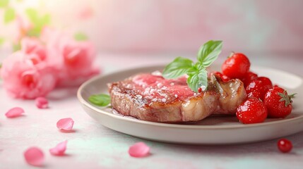 Sticker - Grilled Steak with Strawberries and Basil on Plate