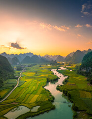 aerial landscape in phong nam valley, cao bang province, vietnam with river, nature, rice fields, be