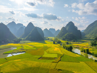 aerial landscape in phong nam valley, cao bang province, vietnam with river, nature, rice fields, be