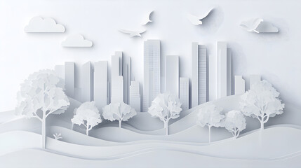 Wall Mural - The person who knows. Tree, Achieve sustainable growth, World Environment Day. White eco urban city and nature landscape background paper art style.