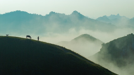 Blue sky and fresh morning. A peaceful, refreshing feeling. View of the hills surrounding Ba Quang, Ha Lang district, Cao Bang province, Vietnam