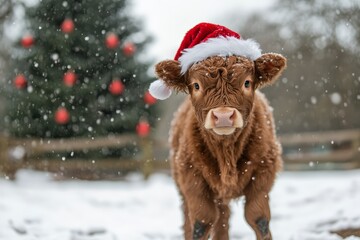 highland calf wearing santa hat in snowy winter scene