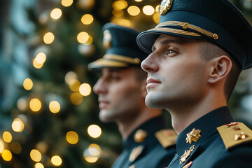 Generative AI image of military man or woman in Santa hat during holiday celebration family, perfect for festive homecoming themes