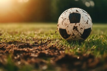 Close-up of a muddy soccer ball on a grassy field during sunset, capturing the essence of the game and outdoor sports enthusiasm.