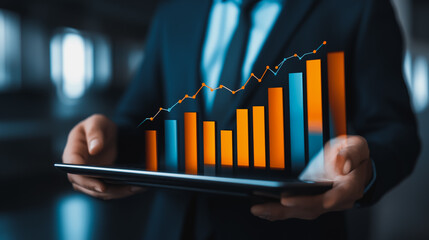 Business person evaluates metrics for charts and graphs with statistics to innovative analyze business potential and forecast future development of companies growth., setting goals for expansion.