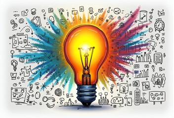 Creative Business Concept: Light Bulb Illustration Representing Innovation, Teamwork, and Success Symbols