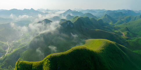 Blue sky and fresh morning. A peaceful, refreshing feeling. View of the hills surrounding Ba Quang, Ha Lang district, Cao Bang province, Vietnam