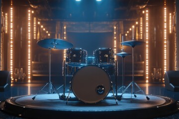 Drum set on a stage with bright lights in the background, ideal for music related content