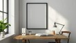 © D - A contemporary home office with white walls and a wooden desk. The desk features a blank picture frame and a single elegant pen. Bright