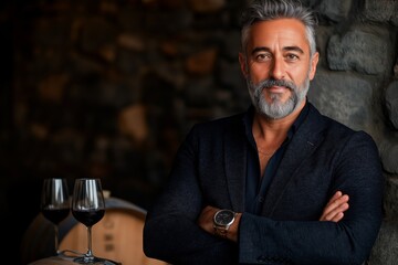 A middle-aged man with a gray beard and stylish black jacket, standing confidently in a stone wine cellar with two glasses of red wine on a wooden barrel, creating an elegant and relaxed atmosphere