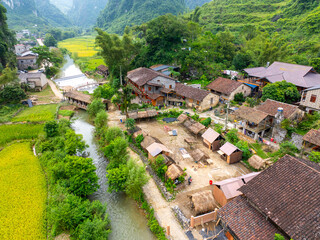 Aerial view of an ancient rock village in Trung Khanh, Cao Bang, Vietnam. Khuoi Ky old village of the Tay ethnic group.