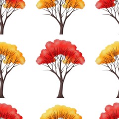 Embroidered seamless pattern of autumn trees in vibrant shades of orange, red, and yellow on a bright white background