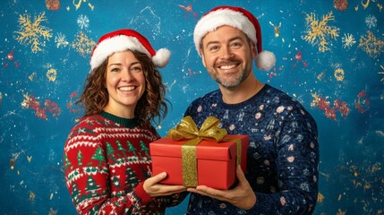 Poster - A man and woman are standing in front of a blue background. Both are wearing Santa hats and smiling. The woman is wearing a red sweater with a Christmas pattern.
