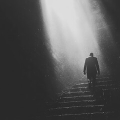 A solitary figure ascends a dark staircase as a beam of light breaks through the rain