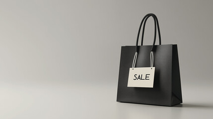 A stylish black shopping bag with a sale tag resting on a minimalist backdrop highlighting promotional offers