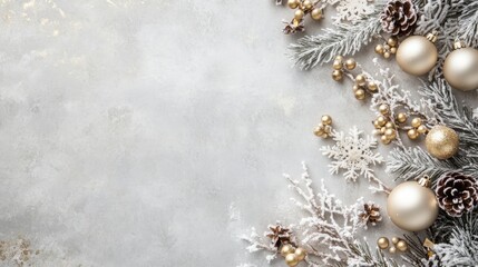 Poster - A beautiful arrangement featuring gold and silver ornaments, pine cones, and frosted greenery, perfect for a festive holiday setting. The soft background adds to the warm, inviting atmosphere.