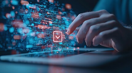 Poster - A close-up view of a hand interacting with a laptop, showcasing a vibrant digital interface with data streams, symbolizing innovation in technology and data analysis.
