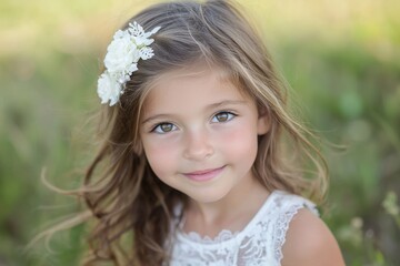 A cheerful young girl with a floral accessory enjoying a sunny day in a grassy field