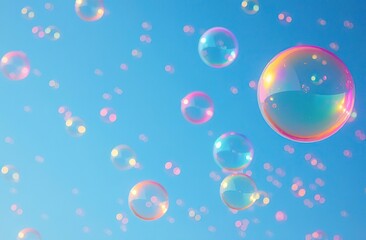 Wall Mural - A bunch of colorful bubbles floating in the sky. The bubbles are of different colors and sizes, creating a vibrant and playful atmosphere. The blue sky serves as a backdrop, emphasizing the bright
