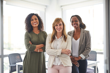 Wall Mural - Women empowerment, portrait or team with arms crossed in office, solidarity or diversity in company. Female business people, smile or confident staff with opportunity, leadership or mission support