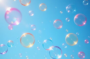 Wall Mural - A bunch of colorful bubbles floating in the sky. The bubbles are of different colors and sizes, creating a vibrant and playful atmosphere. The blue sky serves as a backdrop, emphasizing the bright