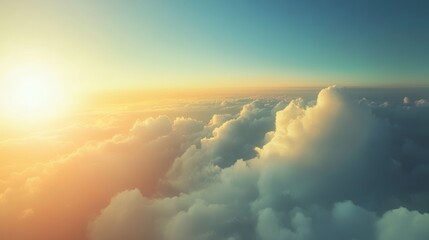 Poster - The warm light of the setting sun illuminates a thick layer of fluffy clouds from above, creating a captivating view for passengers on an airplane