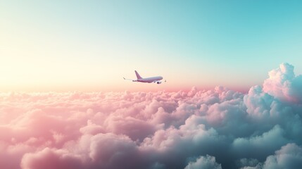 Poster - White airplane gracefully flies above pink and orange clouds during sunset, offering a mesmerizing view. Evoking wanderlust and freedom, perfect for adventure or relaxation