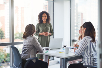 Poster - Business women, presentation and meeting with PR management and planning campaign project. Laptop, professional and diversity at agency with press release and brand growth in office with speaker