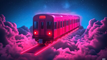 A vibrant pink train traveling through a dreamlike cloud landscape under a starry night sky.