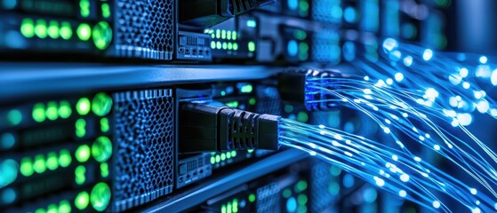Poster - Close-up of network cables connecting to servers, with illuminated data ports.