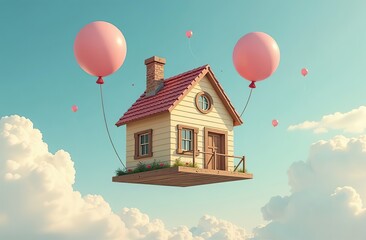 Wall Mural - House flying with balloons, floating in the sky, cute and funny surrealism image