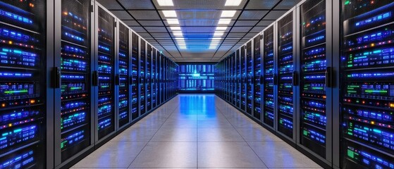 Poster - Data center with rows of servers illuminated by blue lights in a high-tech environment.