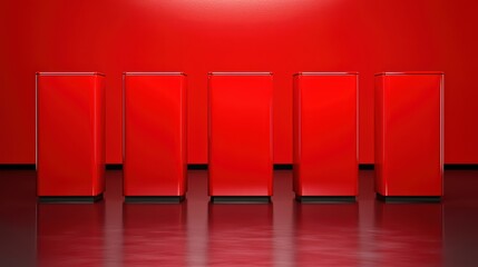 Wall Mural - Five glossy red boxes in a row, reflecting light on a smooth surface, vibrant red background.