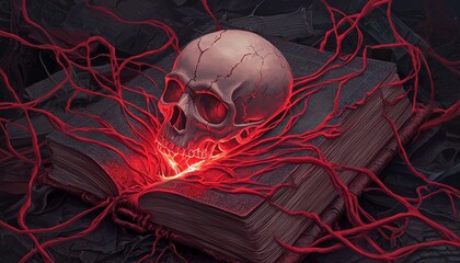 A mystical book bound with ancient leather, a skull glowing with crimson light placed on top, as dark tendrils of energy rise from the pages.