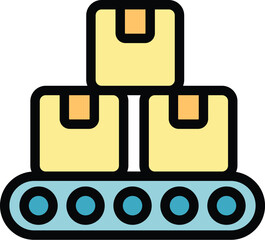 Poster - Conveyor belt moving three cardboard boxes in a row, representing industrial production, packaging and delivery