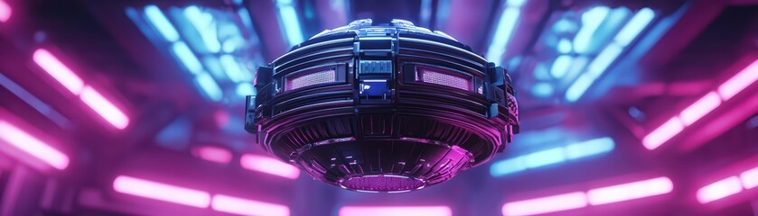 Poster - Futuristic hovering device surrounded by vibrant neon lights in a high-tech environment.