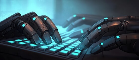 Poster - Futuristic robotic hands typing on a glowing keyboard in a high-tech environment.
