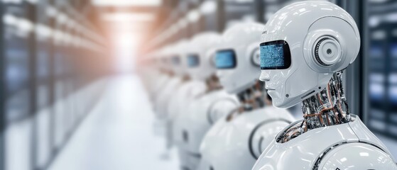 Poster - Futuristic robots lined up in a server room, showcasing advanced AI technology and automation.