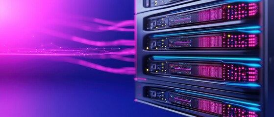 Poster - Futuristic server rack with colorful neon lights, showcasing data transfer and digital innovation.